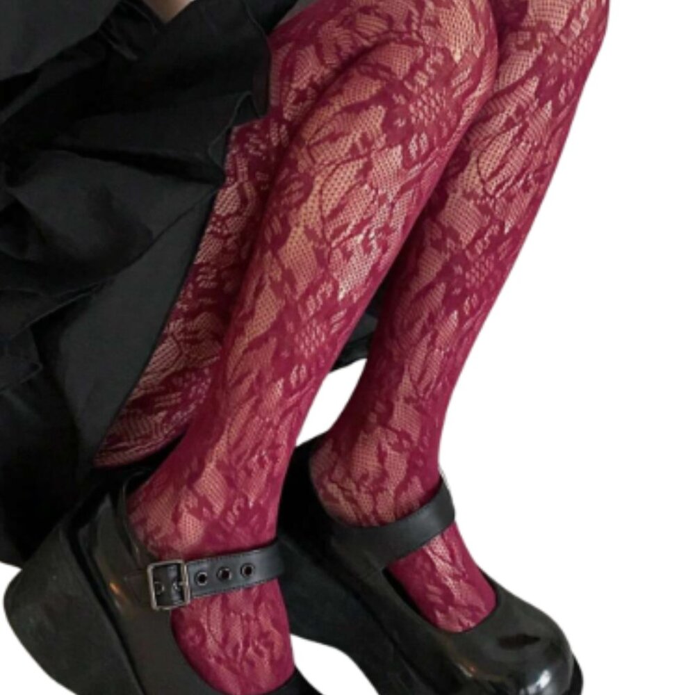 Burgundy Seamless Floral Fishnet Tights - Picture 5 of 5